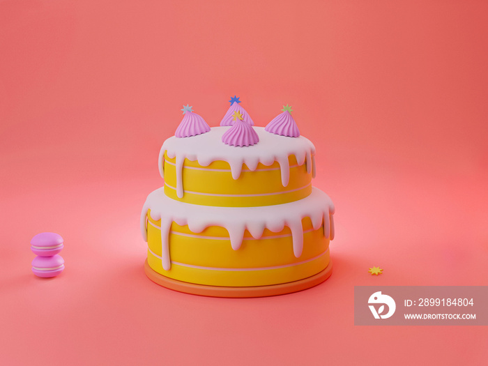 Sweet milk cake anniversary and celebration with pink macaroons decoration 3d illustration
