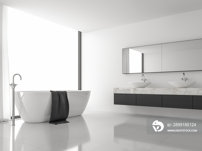 Minimal style image modern bathroom 3d render.There are white floor and wall, black wood and white m