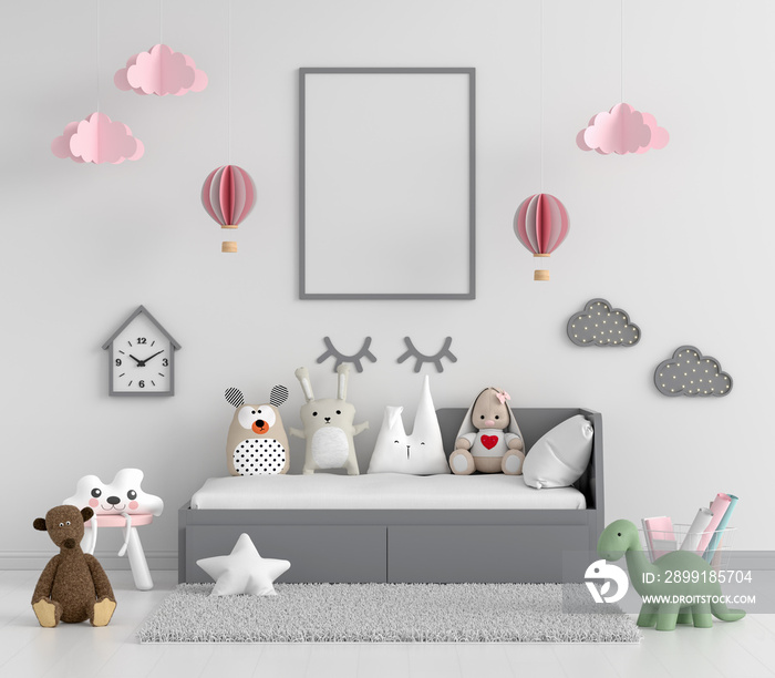 White child bedroom with frame mockup, 3D rendering