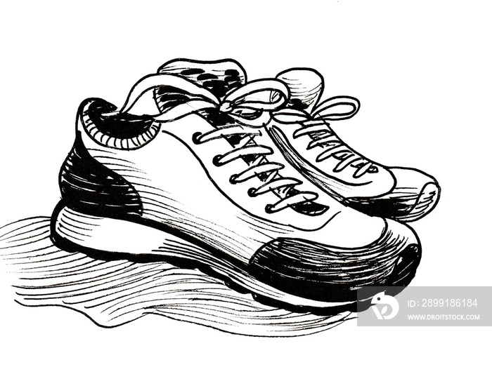 Pair of sport shoes. Ink black and white drawing