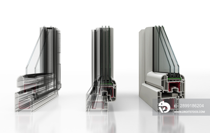 Vista finestre in sezioni e loro componenti, serramenti, illustrazioen 3d