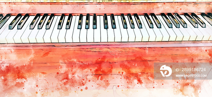抽象的彩色钢琴键盘在水彩插图绘画背景上。