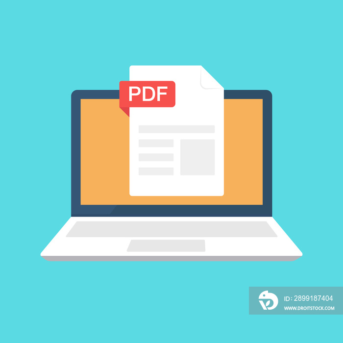 PDF file on laptop screen. Downloading document concept. File with PDF label. stock illustration.