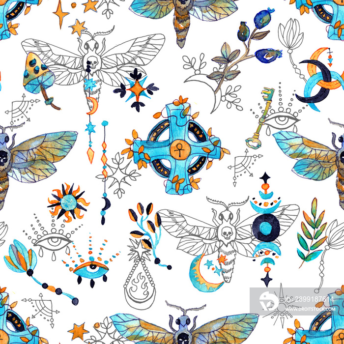 Seamless pattern with moth, plants and mysterions, magic signs on white.