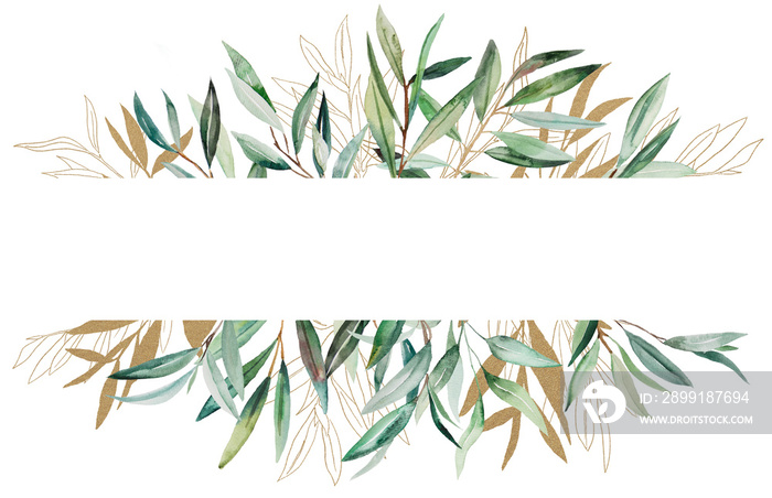 Watercolor Olive branch gold frame illustration