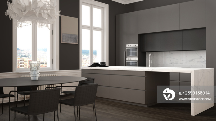 经典房间里的极简主义gary和黑色厨房，带线脚、镶木地板、带ch的餐桌
