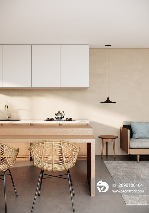 japandi modern scandinavian style apartment interior design with kitchen, 3d background vertical