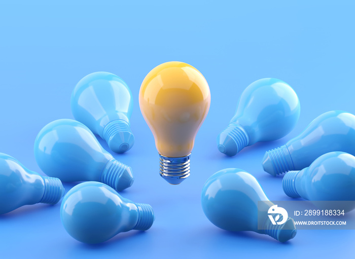 蓝色灯泡中杰出的发光黄色灯泡，带有剪辑路径的3D插图。3D