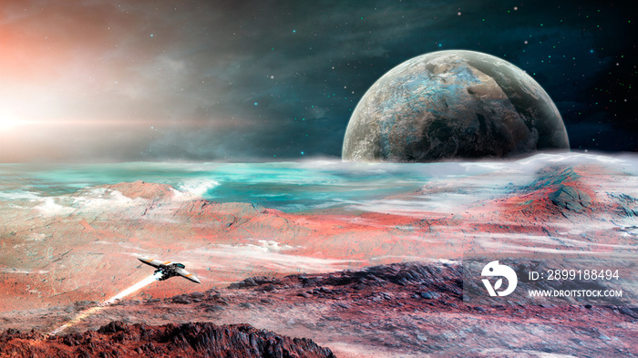 Space scene. Spaceship fly above rock with planet and star. Elements furnished by NASA. 3D rendering