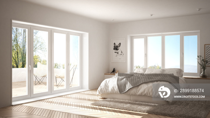 斯堪的纳维亚白色极简主义卧室，带全景窗、毛皮地毯和人字形拼花地板，mod