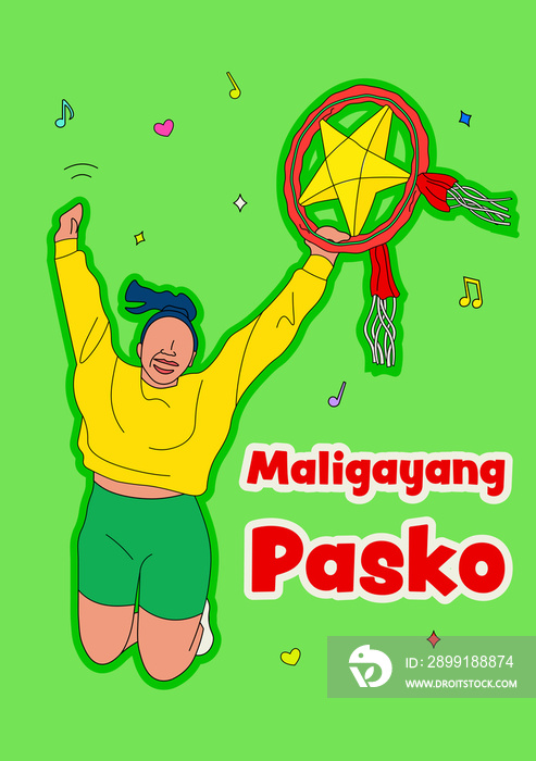 Maligayang Pasko poster with girl jumping holding a christmas parol