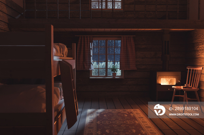 Holz Stockbett in einem gemütlichen Chalet bei Nacht. 3D Rendering