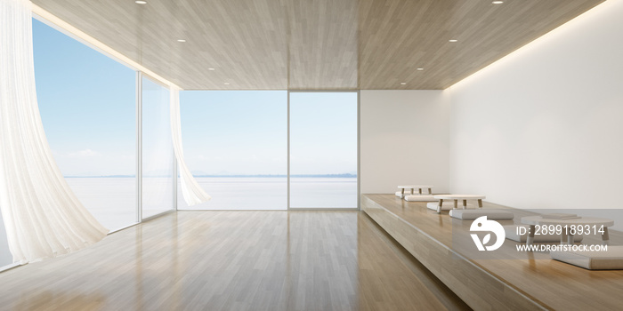 现代豪华客厅透视图，带木质休息区和海景背上的小桌子