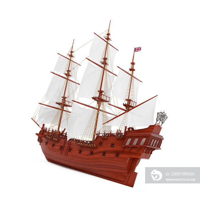 红色木制复古高帆船，Caravel，海盗船或军舰。三维渲染