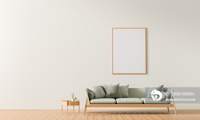 Mock up poster frame in Scandinavian style interior with sofa. Minimalist interior design. 3D illust