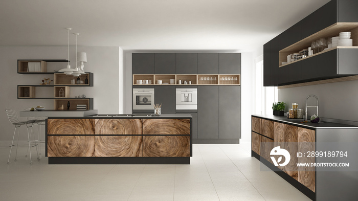 灰色现代简约厨房，配有经典木质配件、全景窗、豪华内饰设计