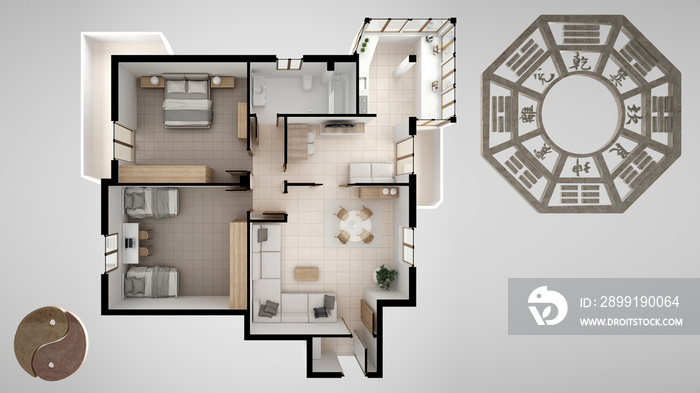 风水咨询室内设计项目，家庭公寓平面图，八卦安俯视图