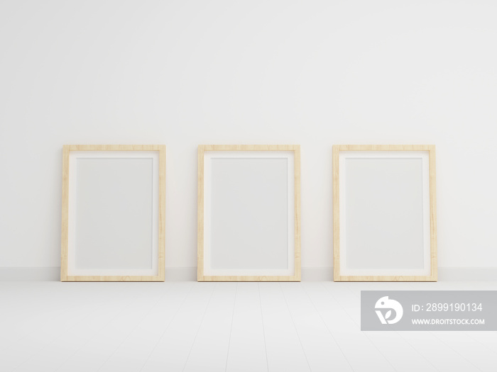 Three empty photo frame for mockup in empty white room, 3D render, 3D illustration