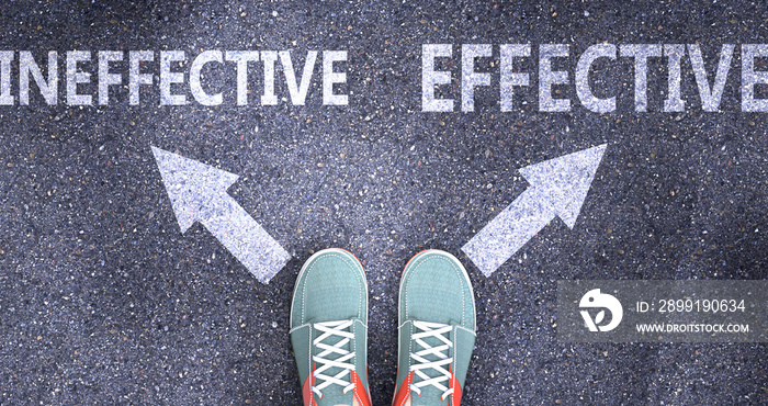 Ineffective and effective as different choices in life - pictured as words Ineffective, effective on