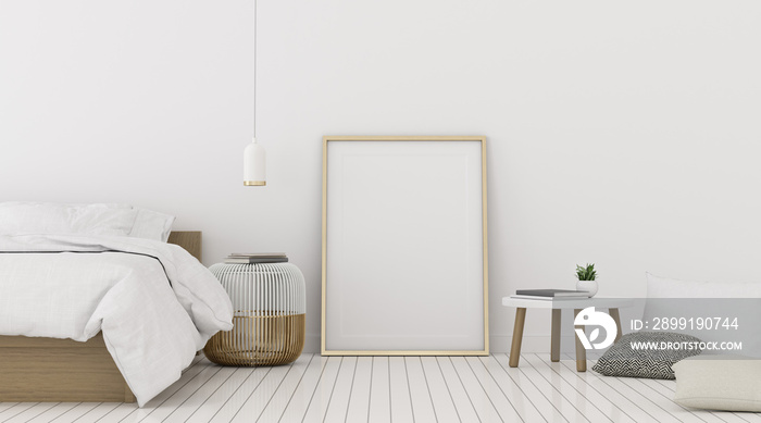 带相框和白色吊灯的现代卧室透视图，极简主义的室内理念