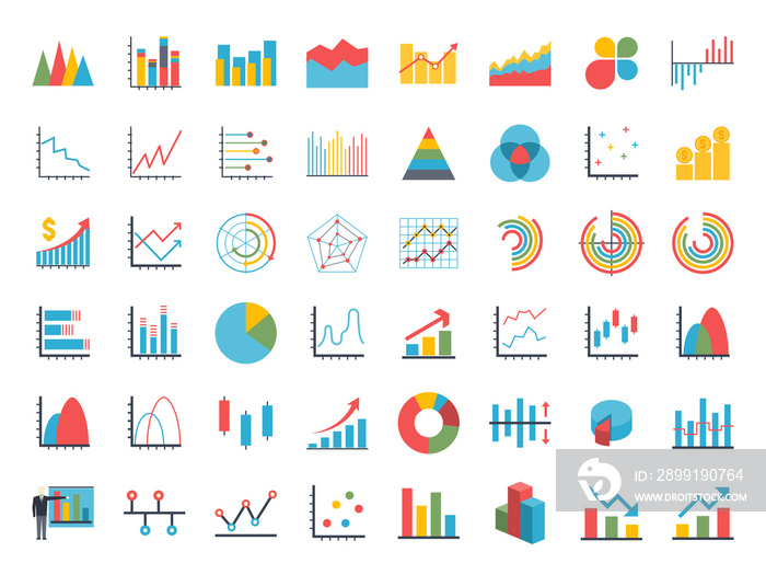 Business data elements dot bar pie charts graphs.