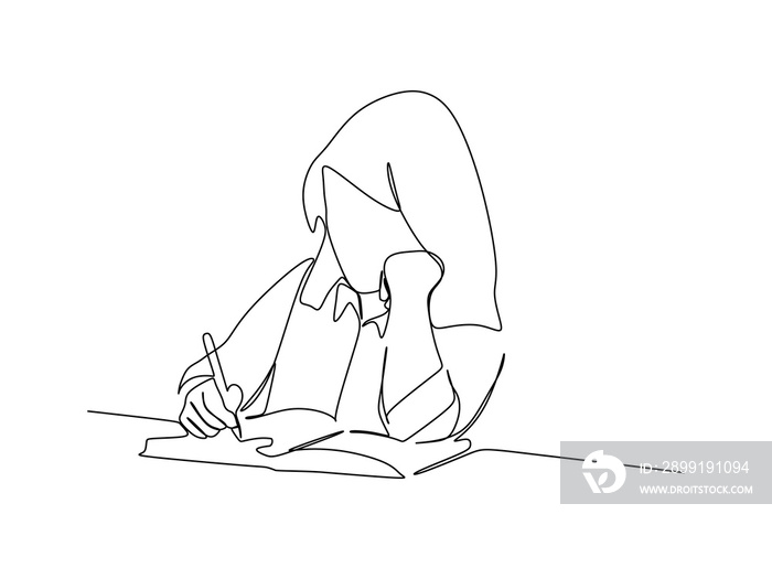 A young female student doing home work - Continuous one line drawing