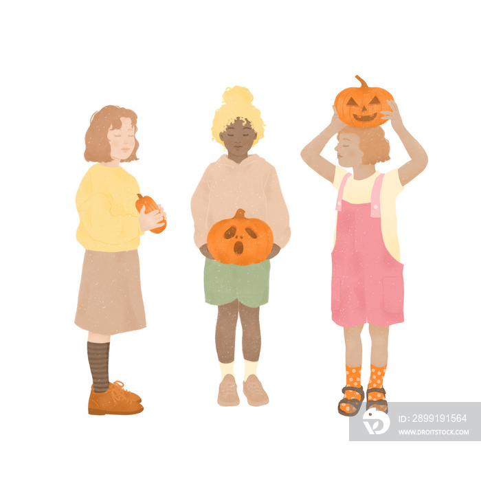 a group of three happy multiracial little girls celebrating Halloween together holding pumpkins in t