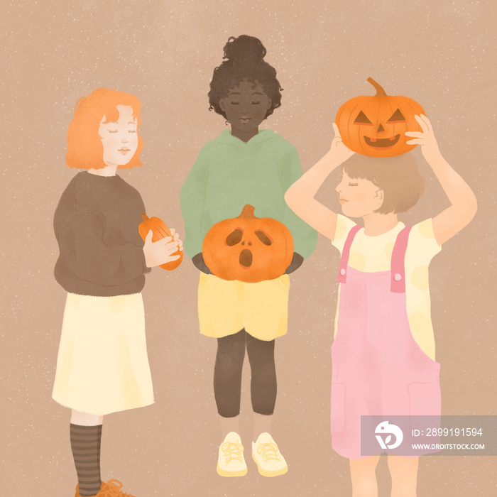 a group of three happy multiracial little girls celebrating Halloween together holding pumpkins in t