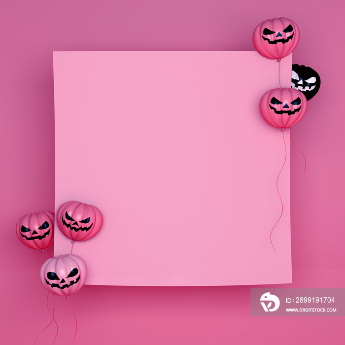 Smiling pink and black balloons pumpkin with frame, copy space text. Design creative concept for hap