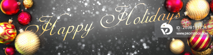 节日快乐，圣诞节快乐，带圣诞装饰球、雪和安的黑色背景卡