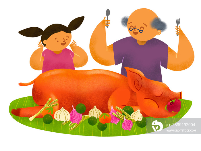 菲律宾祖父和孙女吃lechon烤猪