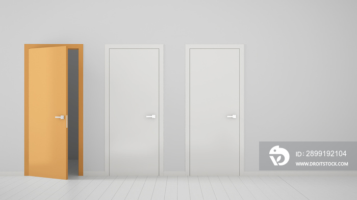 Empty room interior design with two white closed doors and one open orange door with frame, wooden w