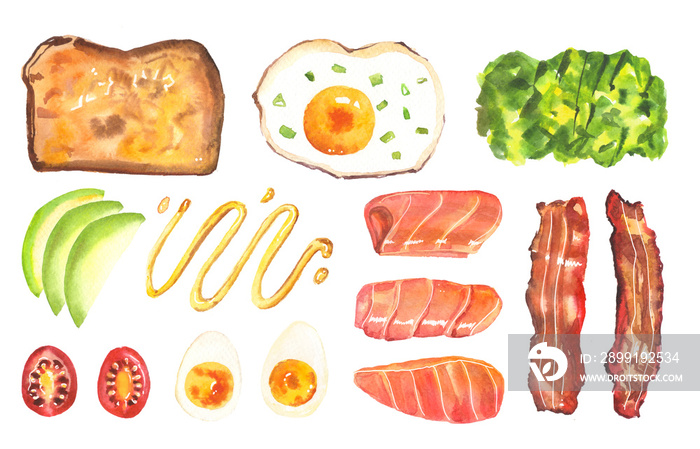 水彩手绘早餐食品烤面包、鳄梨、鸡蛋、西红柿配料插图隔离