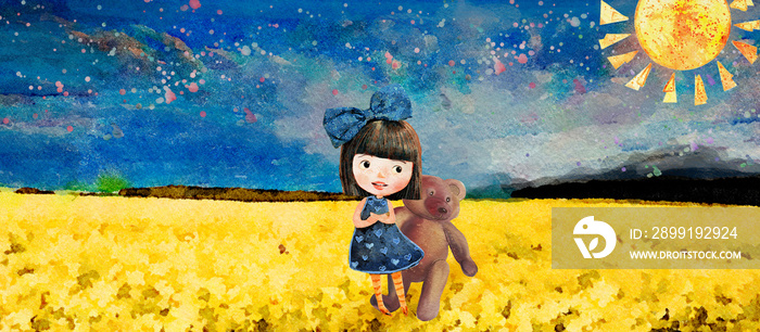 Happy little girl on the field. Watercolor for children