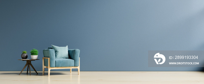 Living Room interior with blue velvet armchair and cabinet.