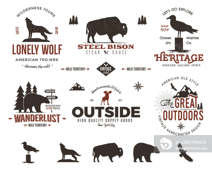 Wild animal badges set and outdoors activity insignias. Retro illustration . Typography camping styl