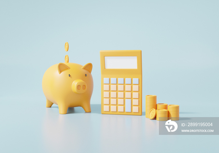 Piggy bank save money and calculator, coins Business investment, Finance saving concept on light blu