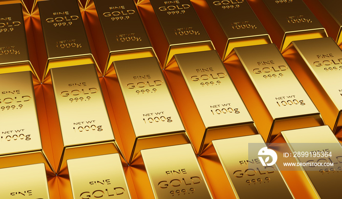 Beautifully arranged gold bars arranged in abundance,3D render