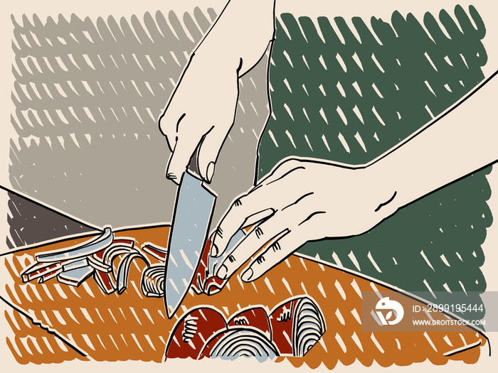 An Illustration of hands cutting an onion