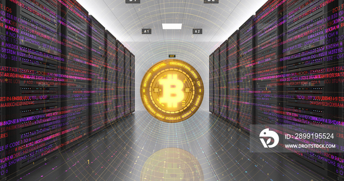 Bitcoin Blockchain Mining In Progress. High Tech Futuristic Server Room. Gold Bitcoin. Technology An