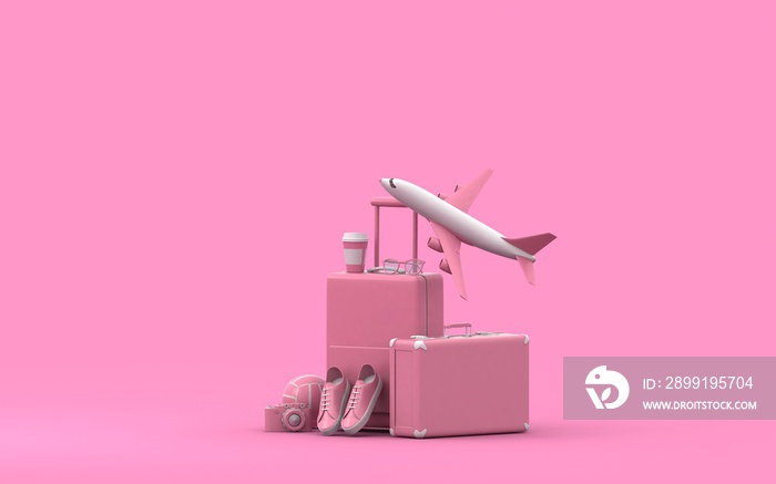 旅行三维渲染背景。旅行概念。旅游行李。旅行包。现代粉彩。