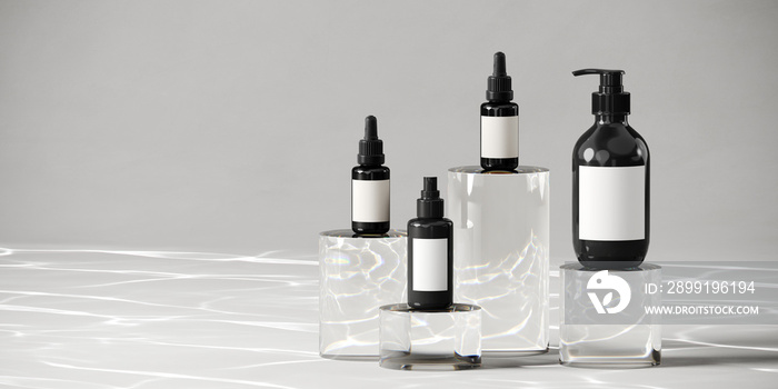 Minimal mockup concept for product presentation. Cosmetic bottle and clear acrylic podium with water