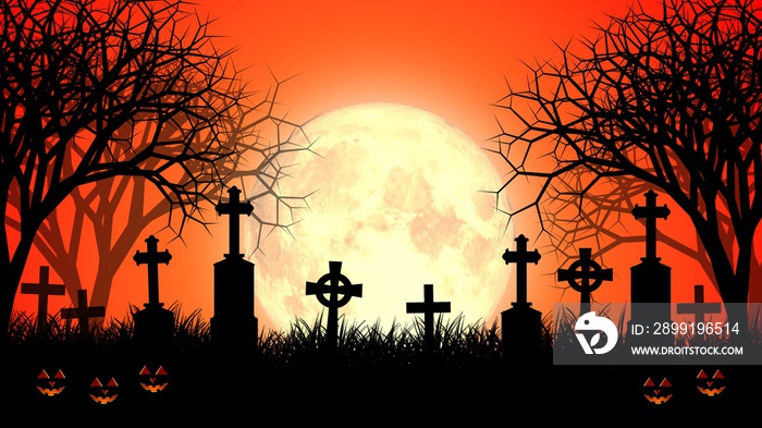 Halloween theme concept with tombstones and spooky pumpkins at night