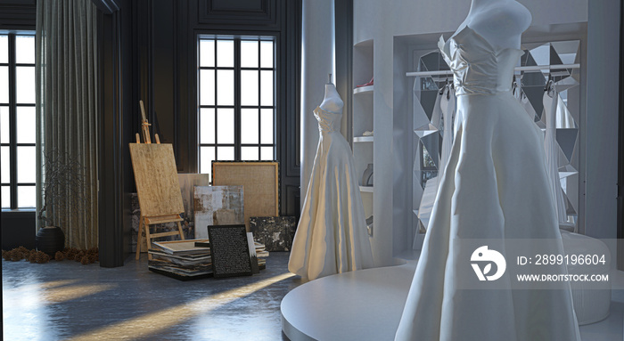 Wedding dress atelier in an elegant Victorian building, with display of wedding dresses and jewelry,