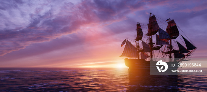 日落时在海上航行的海盗船