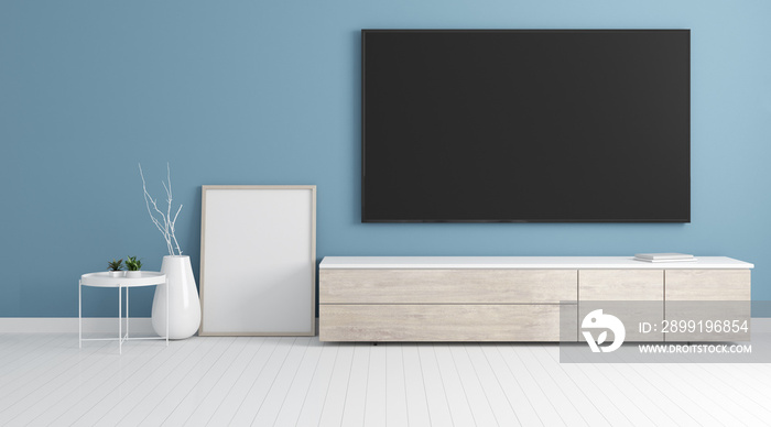 蓝色墙上有电视的最小客厅视图。室内设计，带家具，层压橱柜o