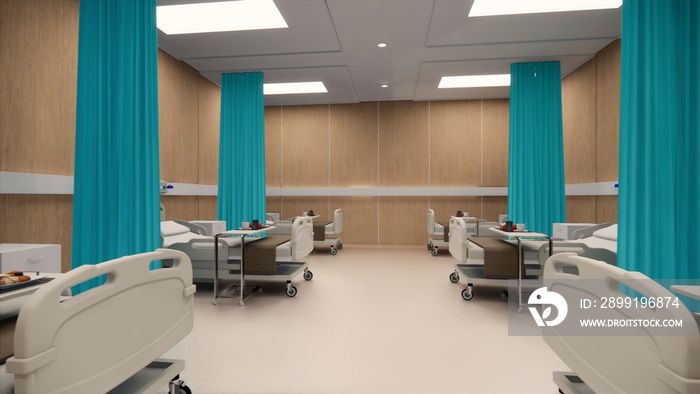 三维渲染图。医院内部现代设计。一排空病床和各种急救医疗