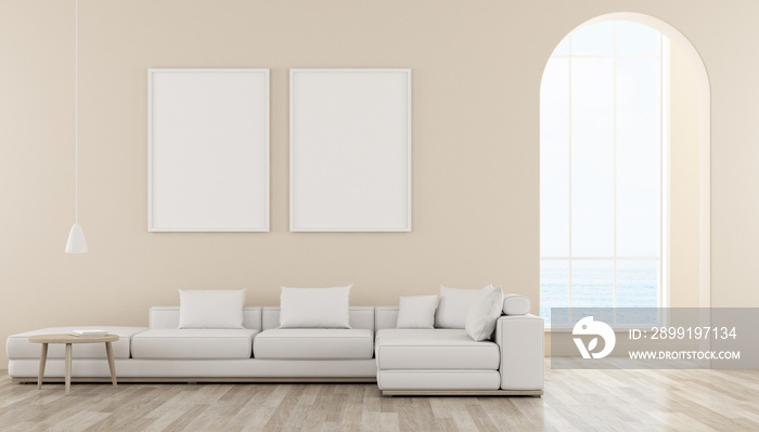 View of living room in minimal style with arch window design.Room with picture frame and sofa on pas