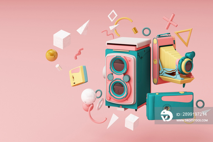 Colorful vintage camera surrounding by memphis pattern on a pink background.-3d render.
