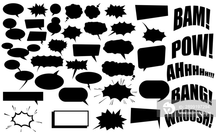 Isolated artwork illustration of black colored various comic style dialog boxes and word shapes on w